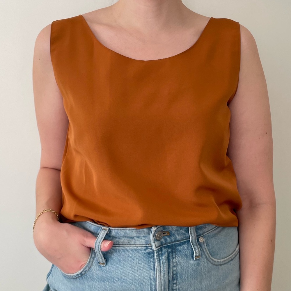 Vintage Silk Burnt Orange Tank Top Wide Shoulder Scoopneck Ochre